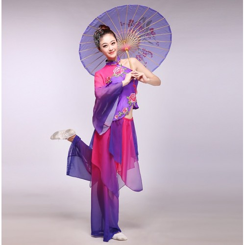 Women Embroidery long sleeves classical dance costumes violet gradient ink flower fairy Chinese folk dance clothing dresses